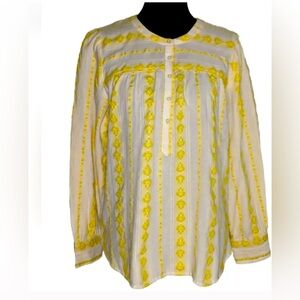 LOFT Yellow White Brocade Button Front Blouse Large